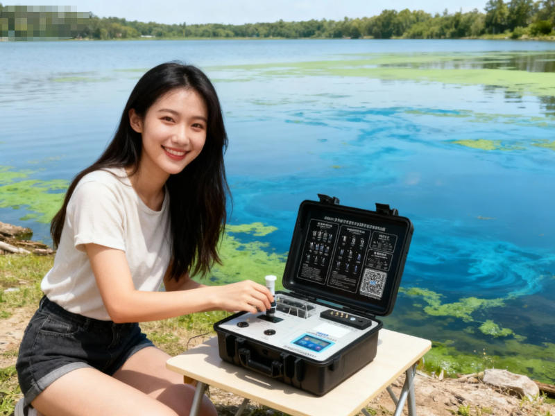 戶外現(xiàn)場使用便攜式多參數(shù)水質(zhì)測定儀檢測湖水水質(zhì) 戶外現(xiàn)場使用便攜式多參數(shù)水質(zhì)測定儀檢測湖水水質(zhì)